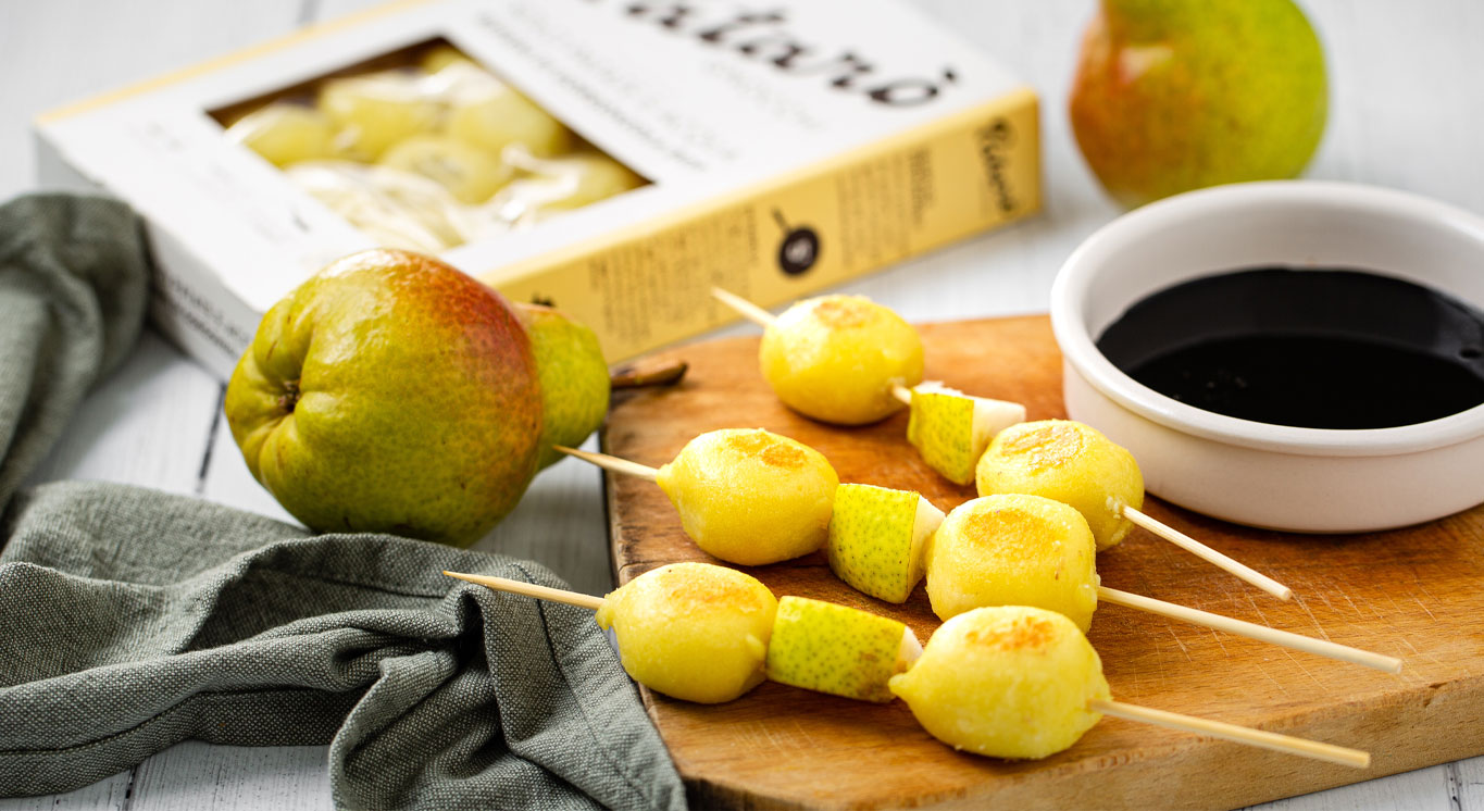 spiedini di gnocchi gorgonzola e pere
